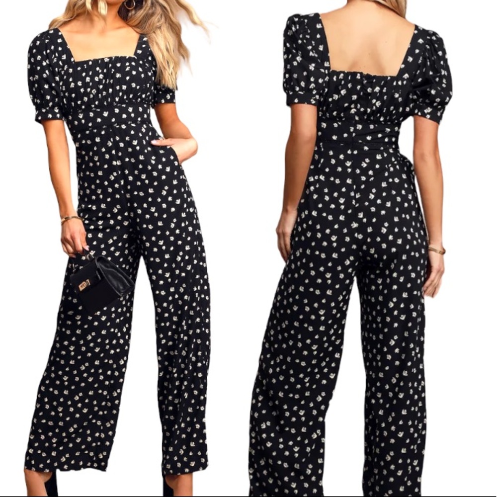 Lulu’s Black Floral Print Puff Sleeves Wide Leg Jumpsuit Size Small